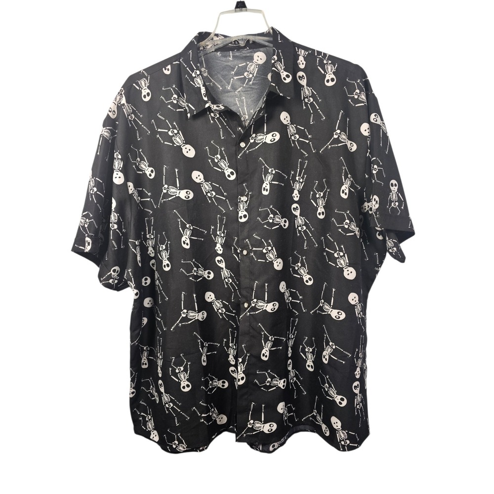 SSLR Skeleton Print Halloween Button Down Shirt Black Short Sleeve Mens 4XL